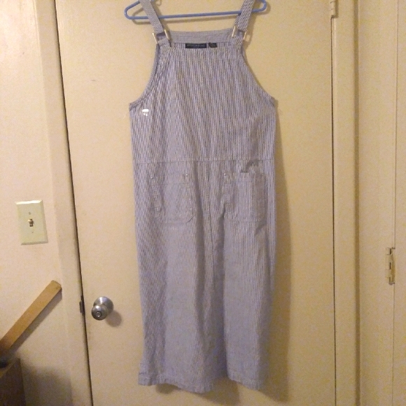 Y2K Mountain Lake Striped Denim Overall Dress Size Medium Petite - Picture 12 of 16